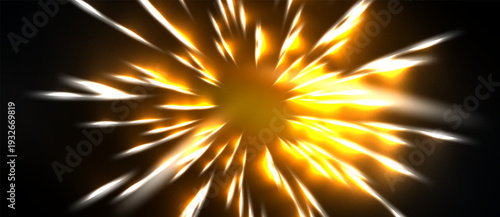 Bright explosion radiates outward. Golden, white streaks burst from central point against black background. Dynamic energy visible.