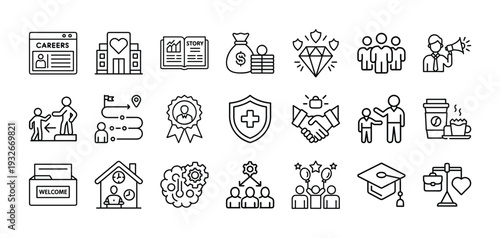 Collection of simple black line icons representing various concepts related to business and education
