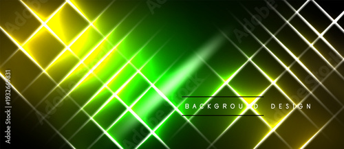 Abstract neon grid. Bright green, yellow lines intersect over black background. Modern digital illustration, dynamic energy flow.