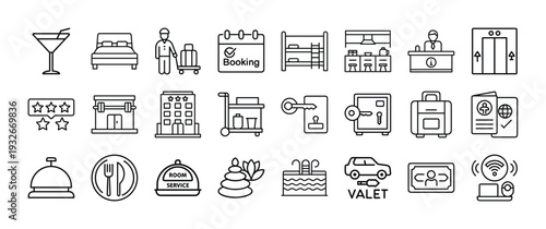 Hotel and travel related icons collection with various services and amenities