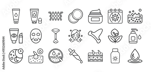 Collection of simple black line icons representing various skincare products and beauty treatments