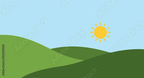 Green hills with sun in clear blue sky in minimalist style with bright warm lighting for environmental campaign