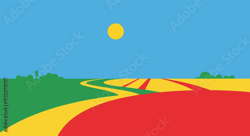 Winding road in colorful landscape with bright sunshine in minimalist style for travel brochure