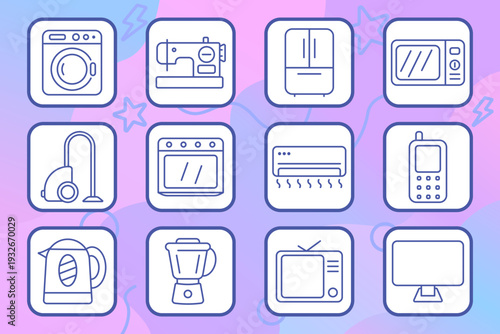 School education set icon. Outline tiles, globe, trophy cup, alarm clock, basketball hoop, rocket, paint palette, pens, bell, scissors, iron tool, bus, laboratory flasks