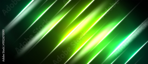 Abstract background features bright green lines radiating from center. Dark edges create dramatic contrast, modern aesthetic.