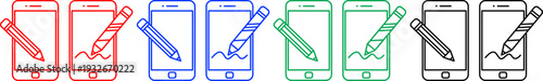 Smartphone with pencil and signature icons set of mobile digital drawing and electronic agreement