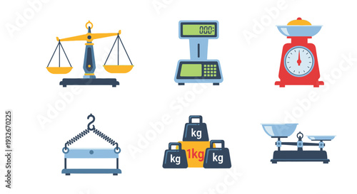 Various weighing scales and weights in a colorful illustration