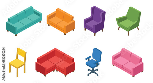 Isometric illustration of colorful sofas armchairs and chairs
