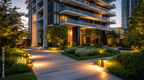 luxury residential tower at dusk with glowing balconies elegant pathway lighting landscaped entrance and garden lamps accenting lush greenery and modern architecture