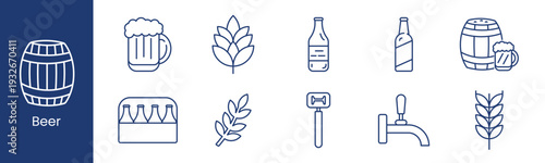 Beer set icon. Collection with barrel, beer mug, hop cone, glass bottle, wooden cask, crate with bottles, barley branch, opener, tap, wheat stalk.