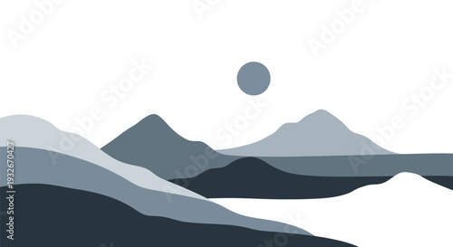Mountain range in minimalist style with soft gray tones on white background for landscape design