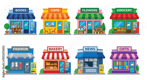 Colorful storefronts depicting various small businesses in a cartoon style