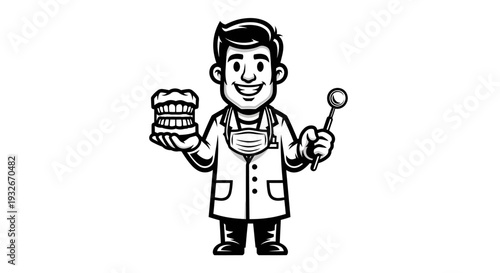 Cartoon Dentist Holding Teeth and Mirror.