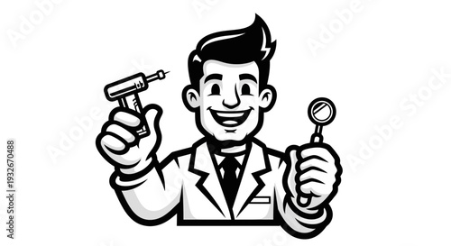 Cartoon Dentist Holding Dental Tools Smiling.