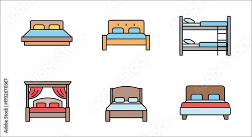 Colorful flat icons depicting various types of beds and bedroom furniture