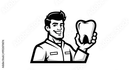 Dentist holding a large tooth illustration.