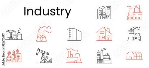Industry set icon. Warehouse, refinery, plant, house, factory, pipeline, smokestack, oil pumpjack, power station, reactor, hangar, manufacturing, production, engineering, industrial economy