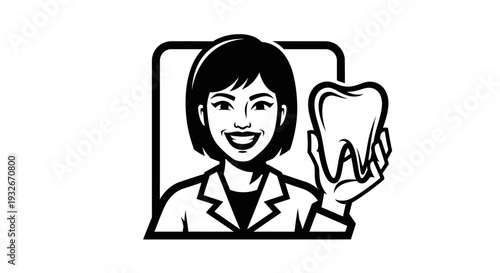 Dentist holding tooth in hand illustration.