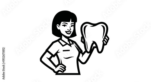 Dentist Woman Holding Tooth Cartoon Illustration.