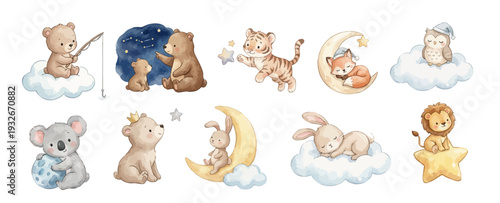 Watercolor nursery clipart with cute animals on moon and clouds, stars and constellations. Collection of Vector illustrations. Perfect for invitation, card, poster, banner, decoration