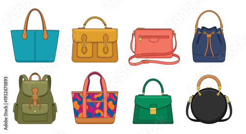 Collection of colorful handbags and backpacks in a flat vector style