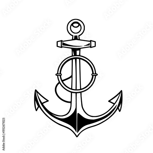 Black nautical anchor silhouette, detailed fluke design with ring, clean outline icon on white background for maritime logos and shipping branding