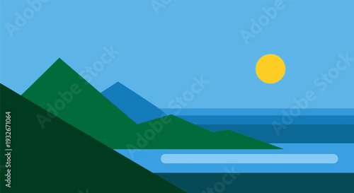 Serene landscape with mountains and lake in minimalist style with soft blue colors and digital illustration for travel advertising