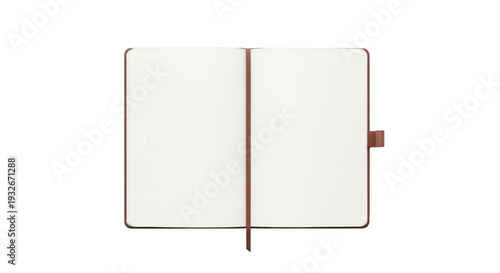 Open blank notebook with red ribbon bookmark, leather cover, clean white pages for writing on transparent background