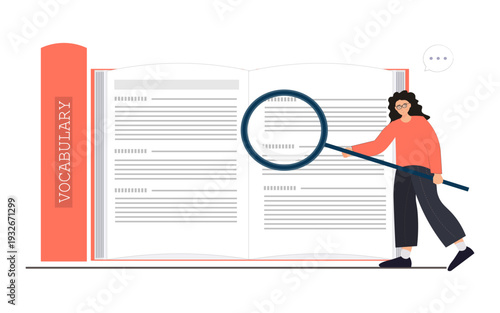 Person reading book, finding information in vocabulary, learning languages, study concept, flat vector illustration