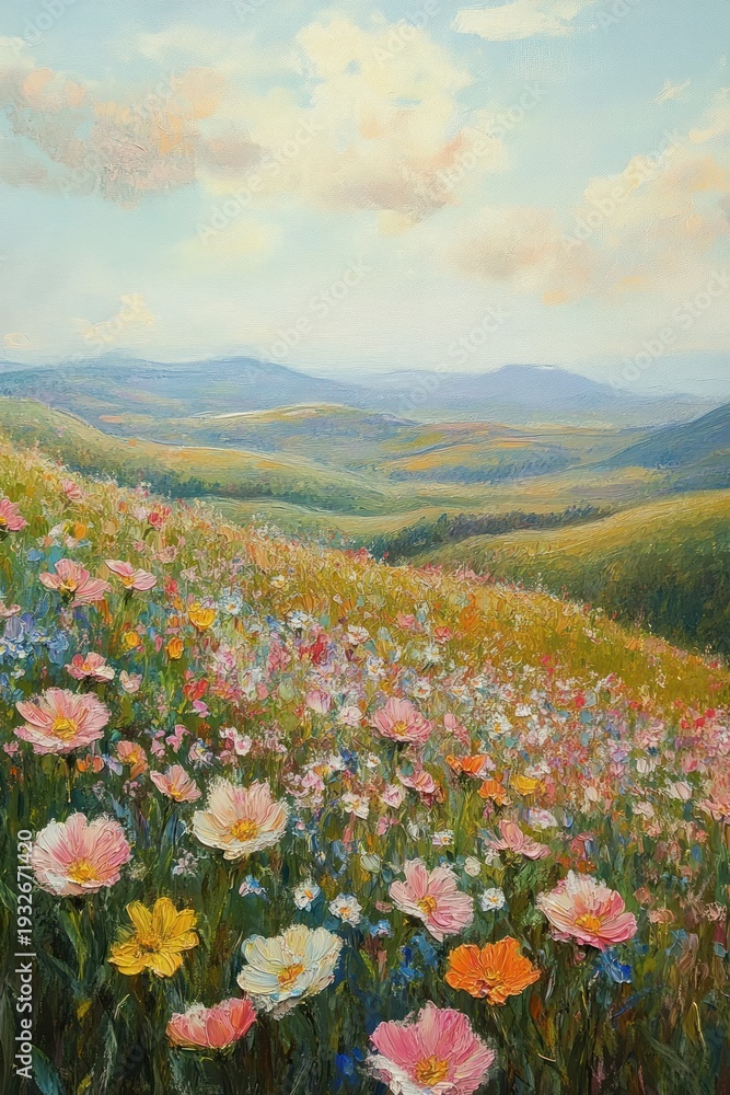 Fototapeta premium sunlit wildflower meadow on rolling hills with pastel clouds and distant blue mountains, peaceful and uplifting