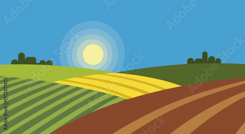 Agricultural Landscape with Vibrant Crop Fields in Bright Sunny Day with Simple Flat Design for Environmental Awareness