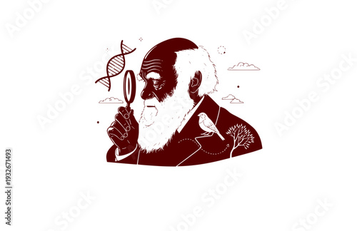 Charles Darwin with Magnifying Glass Silhouette, Evolution and Science Vector Sticker, Natural History Scientist Icon