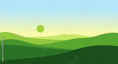 Green Hills Landscape in Serene Mood with Soft Gradient Lighting on Digital Illustration for Environmental Campaign