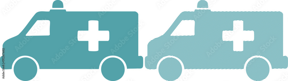 Obraz premium Two teal ambulance with white crosses medical transport