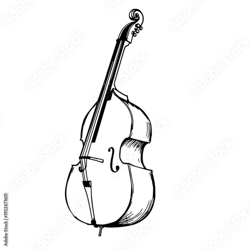 Artistic Double Bass Sketch on White: Hand-Drawn Ink Drawing of an Upright Bass with Textured Details, Perfect for Music and Creative Projects