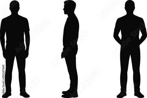 Black silhouette of a man shown from front, side, and back views male person