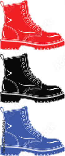 Three combat boots in red, black, and blue with laces and sturdy soles on transparent background