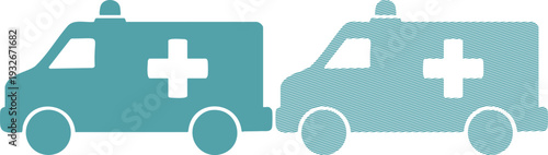 Two teal ambulance with white crosses medical transport