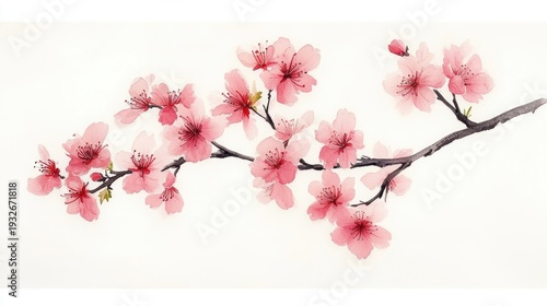 Wallpaper Mural delicate branch of pink cherry blossoms painted in soft watercolor on a white background, evoking calm gentle serenity Torontodigital.ca