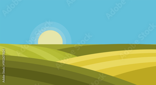 Serene landscape with rolling hills in vibrant green and yellow hues under warm sunlight for environmental campaign