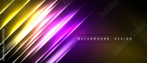 Abstract neon lines create vibrant diagonal streaks. Gold, purple, pink hues blend into black background. Modern design element.
