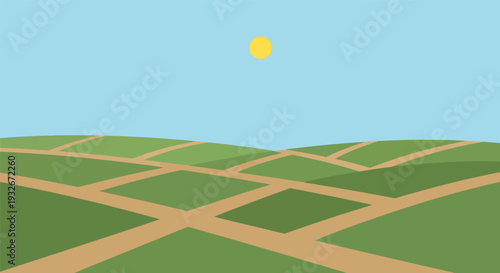 Agricultural landscape with dirt paths in green fields under sunny blue sky for countryside travel