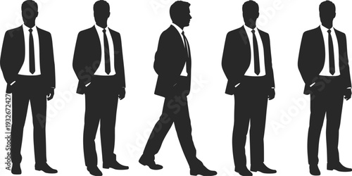 Five Male Business Silhouettes Standing and Walking on White Background businessman