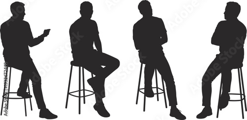 Four Black Silhouette Figures of Men Sitting on Bar Stools in Various Poses Keywords: silhouette, men, sitting, bar stool, pose