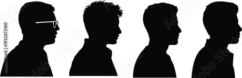 Four Male Head Silhouettes in Profile on White Background vector illustration
