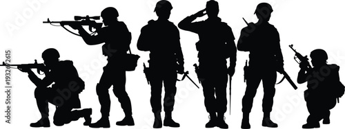 Silhouette of Soldiers in Combat Poses with Rifles and Helmets military army
