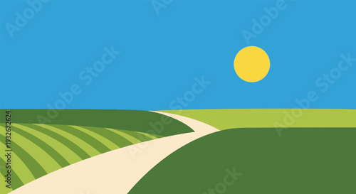 Rural Landscape with Serene Path in Simple Flat Design under Bright Sunny Sky for Agriculture