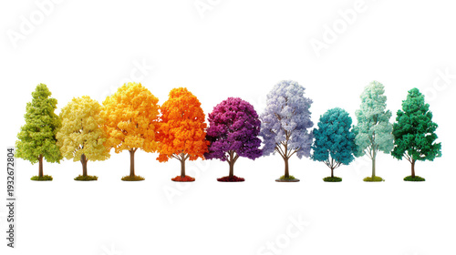 Colorful trees collection in rainbow foliage isolated decorative forest landscape element transparent background