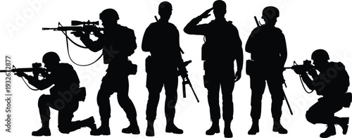Silhouettes of soldiers in tactical gear with weapons on white background military army