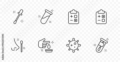 Medical test set icon. Dropper, vial, checklist diagnosis, blood sample, hygiene swab, hand disinfection, virus cell, laboratory analysis, healthcare, infection control